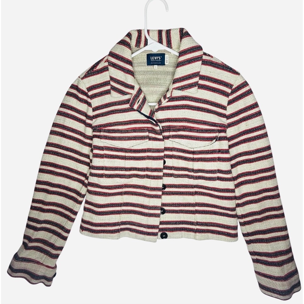 Levis Made & Crafted Woven Stripe Cropped Trucker‎ Jacket Cream Red Navy Size 1